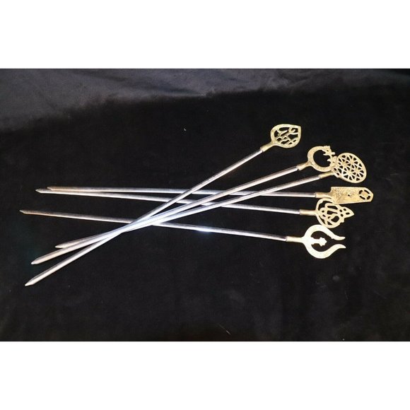 SOLD-6 Vintage 1960's Turkish Stainless Steel & Brass Shish Kebab Skewers, - Picture 5 of 11